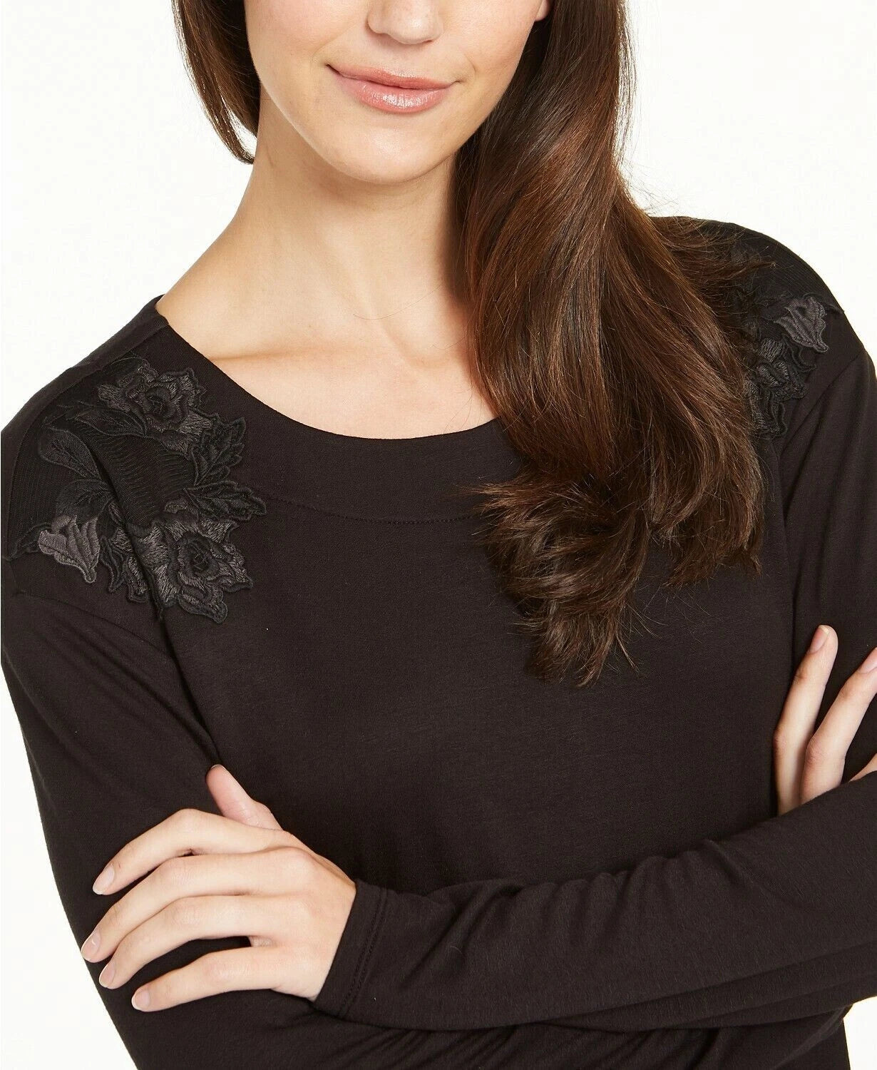 Charter Club Women's Floral Embroidered Pajama Top (M, Black)