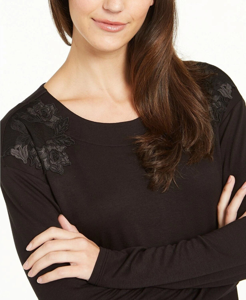 Charter Club Women's Floral Embroidered Pajama Top (M, Black)-2