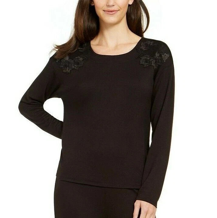 Charter Club Women's Floral Embroidered Pajama Top (M, Black)