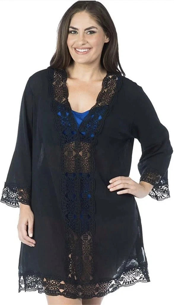 La Blanca Women's Plus-Size Island Fare V-Neck Tunic Cover Up Swimwear, Black 2X-1