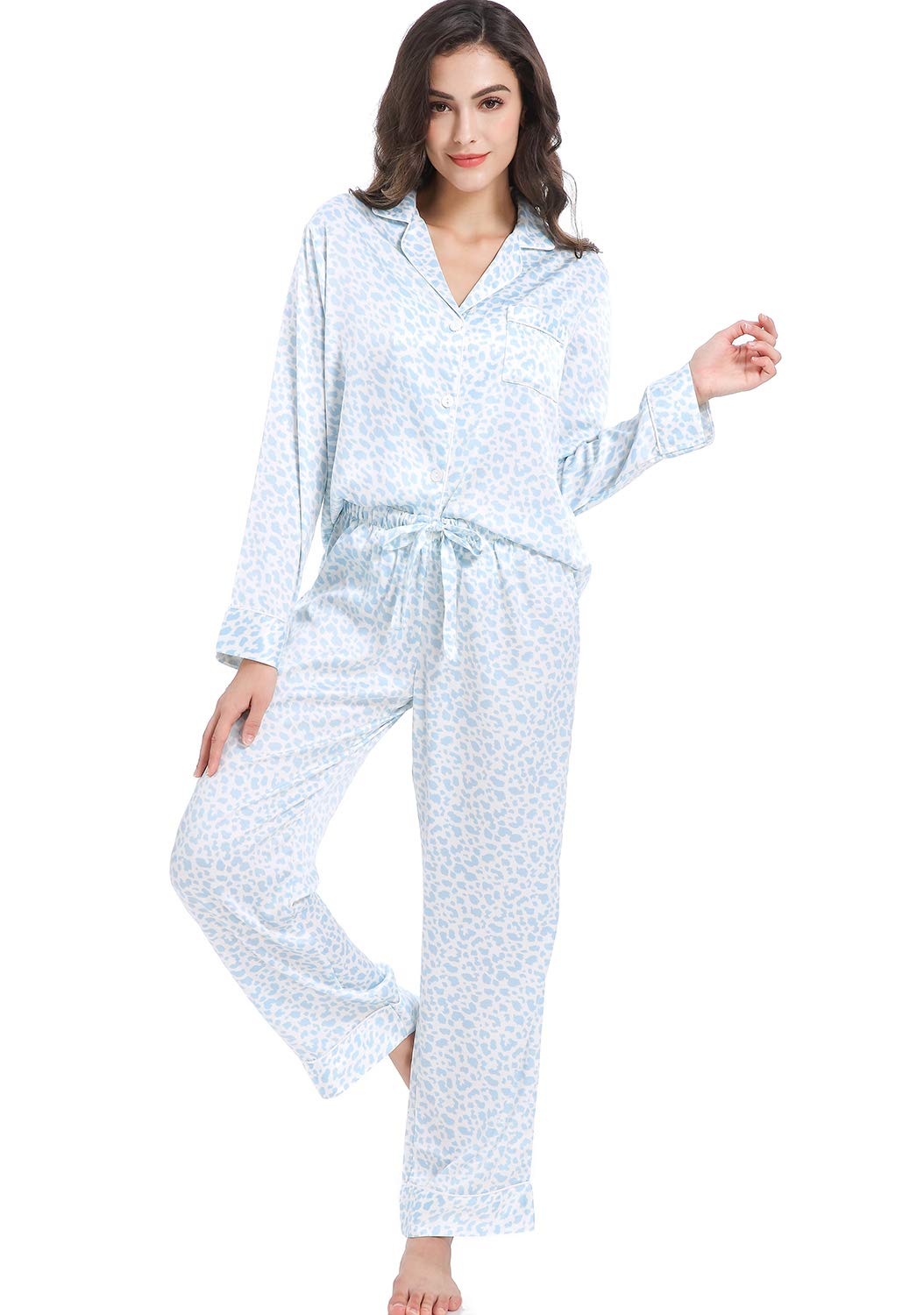 Women's Satin Pajama Set Long Sleeve Button Down Sleepwear 2-Piece Silky Pj Set-47
