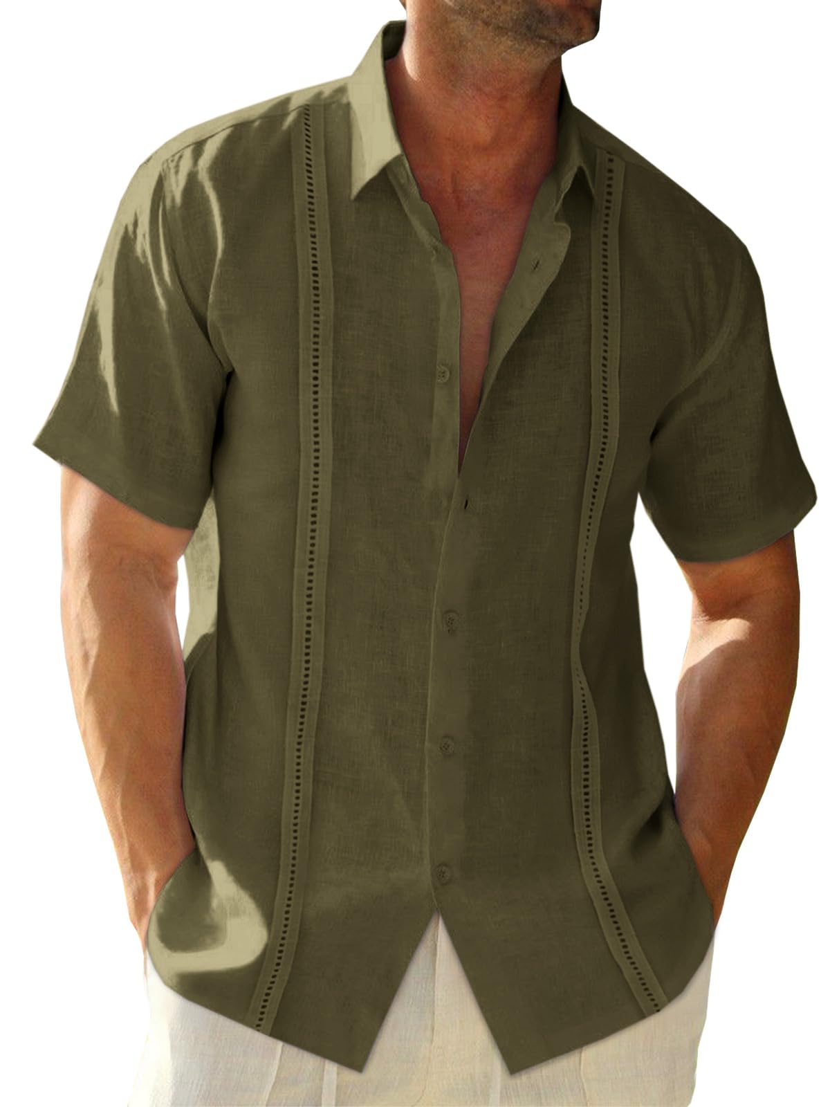 Runcati Mens Linen Cuban Guayabera Shirts Button Down Short Sleeve Shirt Cotton Hippie Summer Beach Vacation Shirts