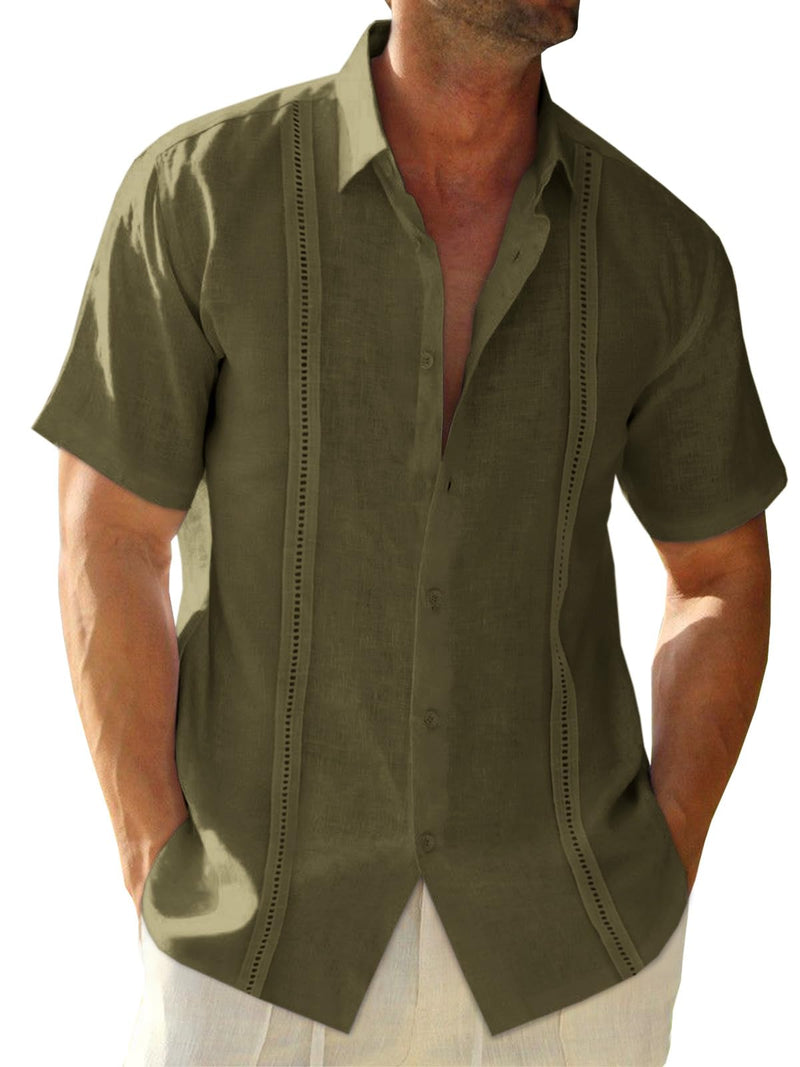 Runcati Mens Linen Cuban Guayabera Shirts Button Down Short Sleeve Shirt Cotton Hippie Summer Beach Vacation Shirts