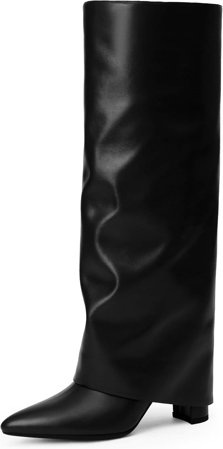 Modatope Knee High Boots Women Fold Over Knee High Boots Chunky High Heels Long Boots Zipper Pointed Toe Dress Tall Boots for Women-53