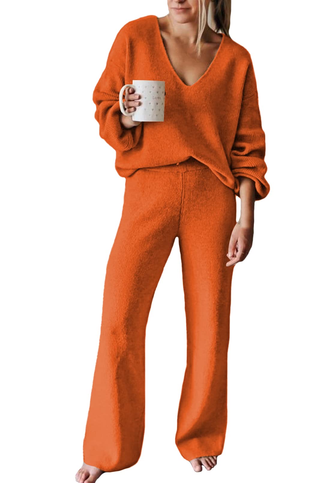 Viottiset Women's 2 Piece Outfits Casual V Neck Knit Wide Leg Sweater Lounge Set Sweatsuit-67