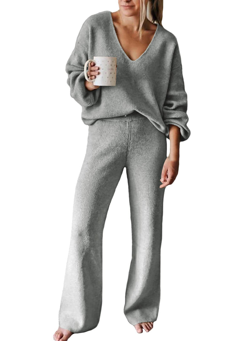 Viottiset Women's 2 Piece Outfits Casual V Neck Knit Wide Leg Sweater Lounge Set Sweatsuit-17