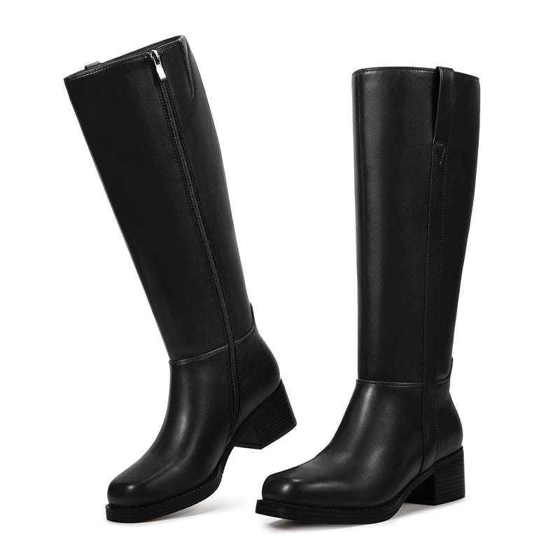 wetkiss Women’s Knee High Boots Chunky Block Heel Tall Boots Knee High Square Toe Long Boot Mid Low Heel Boot with Zipper-47