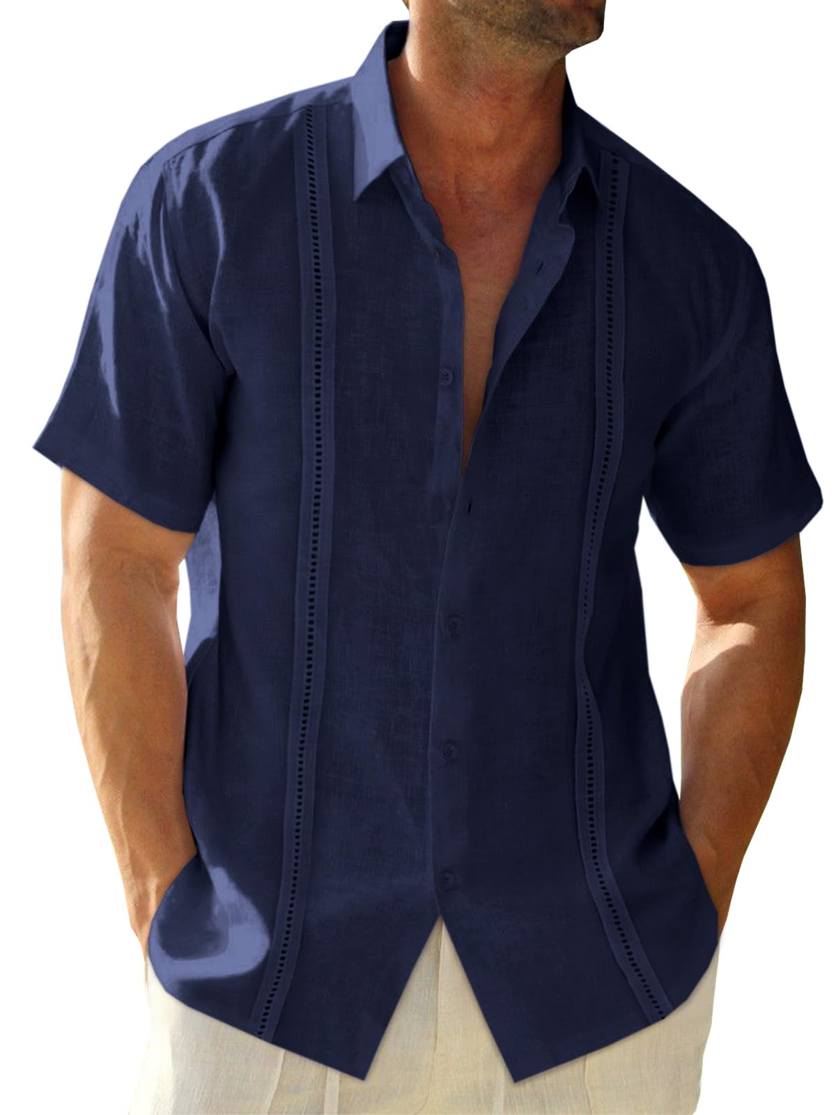 Runcati Mens Linen Cuban Guayabera Shirts Button Down Short Sleeve Shirt Cotton Hippie Summer Beach Vacation Shirts