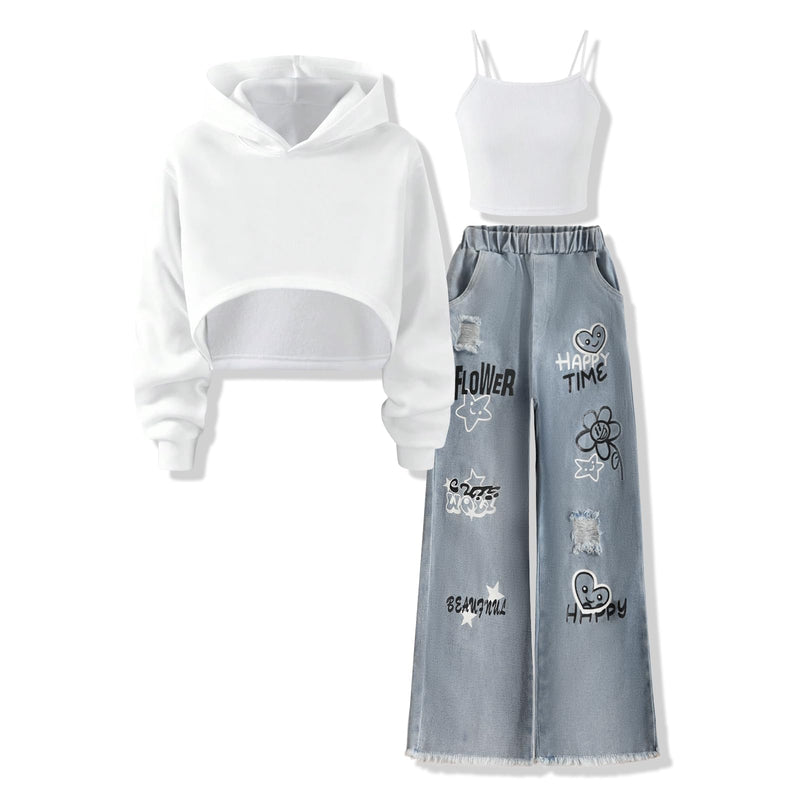 Voxikidio Size 5-10 Years Girls 3PCS Fashion Outfits Set - Cropped Hoodie + Cami Top + Printed Jeans 3-Piece Set-12
