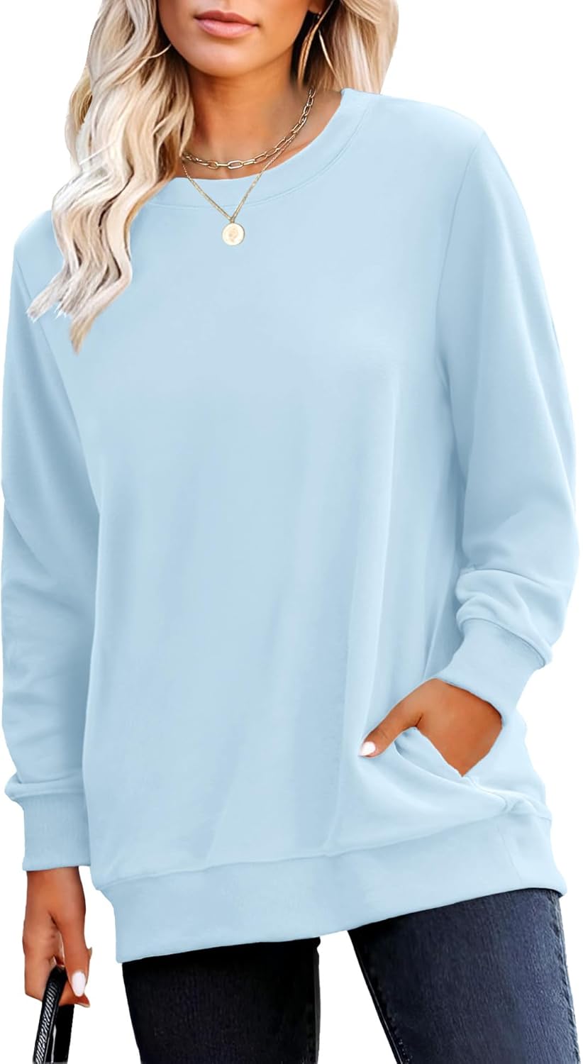 RUMIA Crewneck Fall Sweatshirts for Women Trendy- Women's Plain Long Sleeve Pullover Tops with Pockets Fashion-43