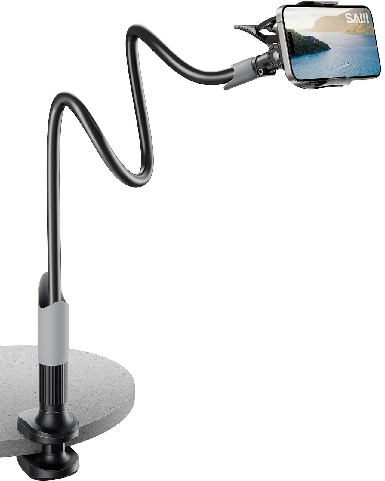 SAIJI Gooseneck Cell Phone Holder, Clamp Universal Lazy Mount Clip Hands Free Flexible Long Arm Bracket Grip for 4-7 Phones Mobile Stand Baby Monitor for Desk, Bed, Office, Kitchen (White)