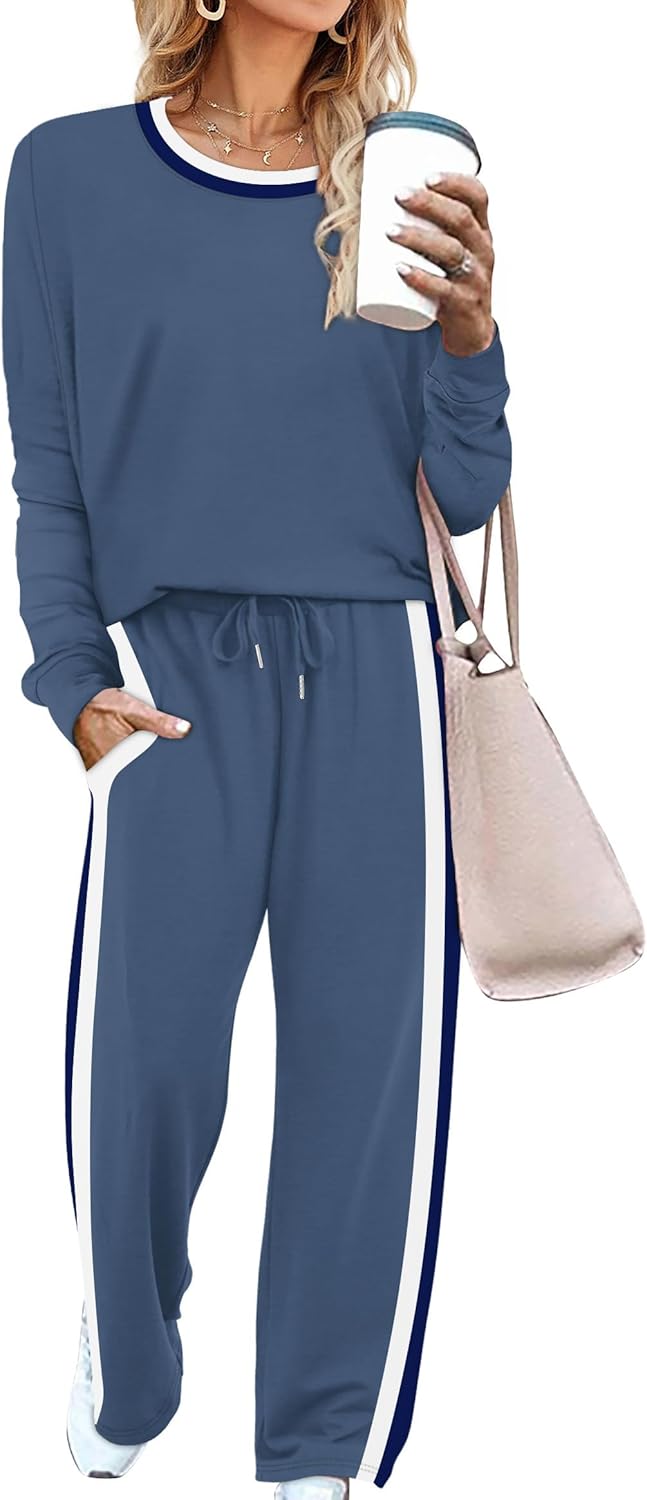 WIHOLL 2 Piece Lounge Sets for Women Long Sleeve Tops Wide Leg Sweatpants Sweatsuits with Pockets-5