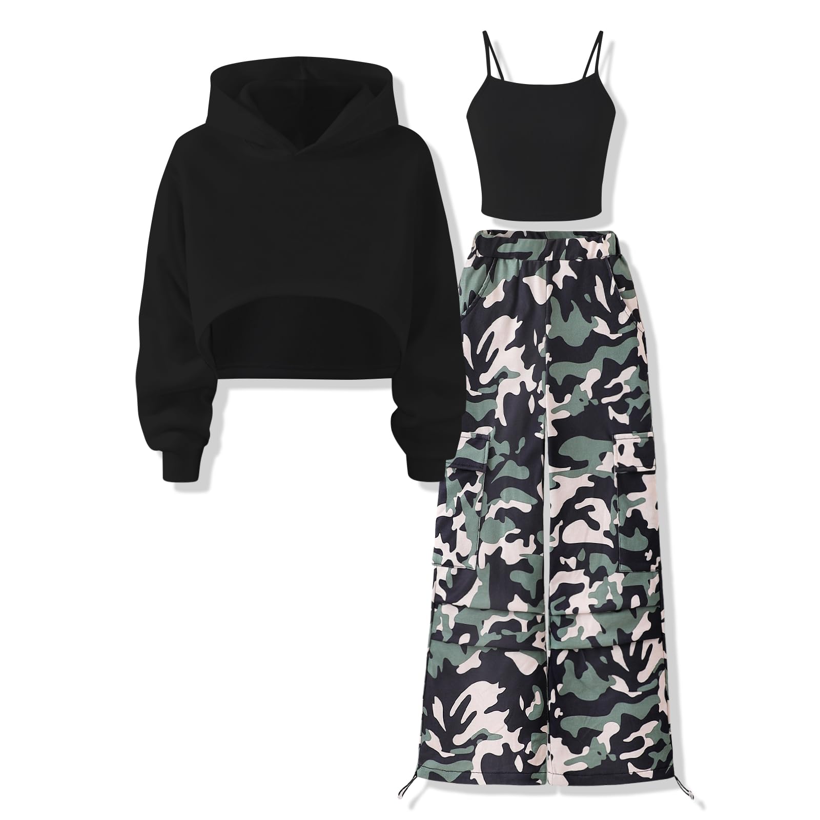 Voxikidio Size 5-10 Years Girls 3PCS Fashion Outfits Set - Cropped Hoodie + Cami Top + Printed Jeans 3-Piece Set-13