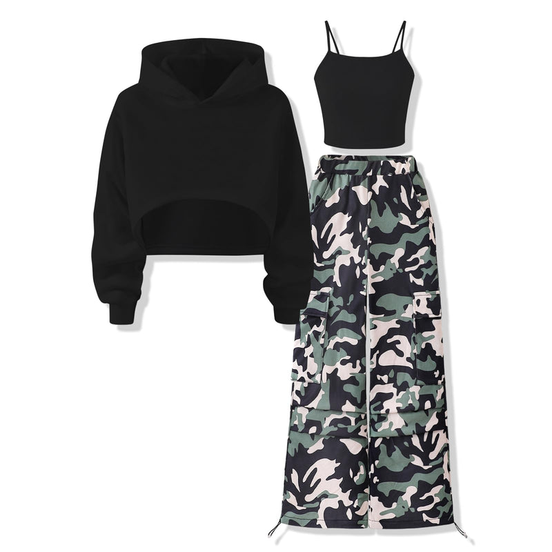 Voxikidio Size 5-10 Years Girls 3PCS Fashion Outfits Set - Cropped Hoodie + Cami Top + Printed Jeans 3-Piece Set-13