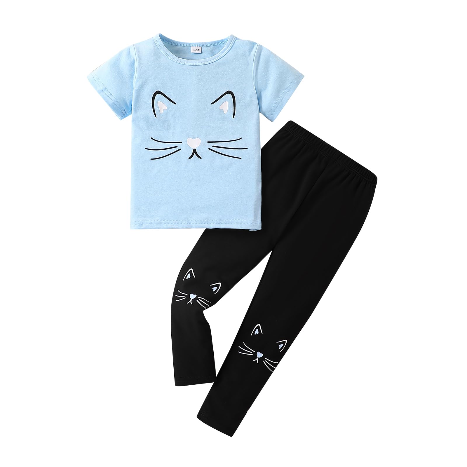 4-8T Toddler Girl Clothes Cat face print Short Sleeve Top+Pants Outfits Girl Spring and summer 2-Piece Set