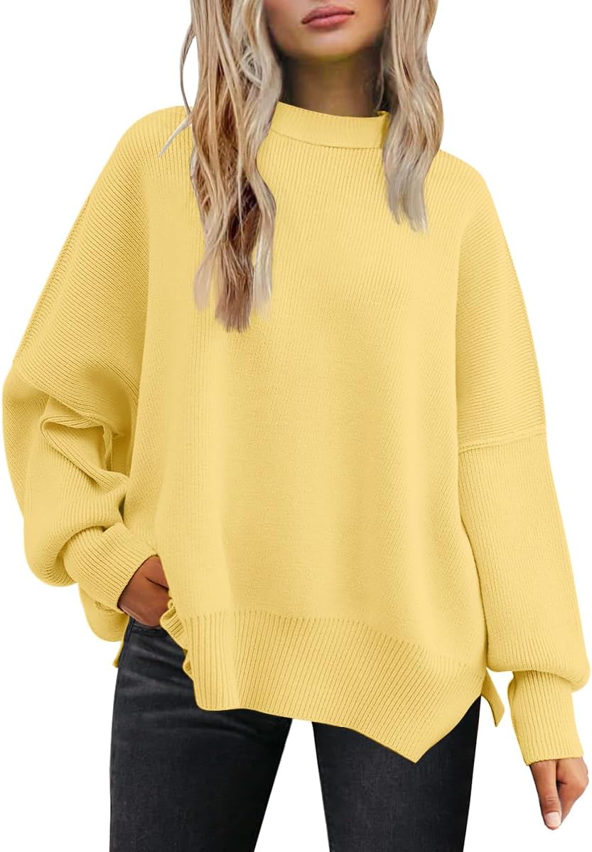 LILLUSORY Women's Oversized Batwing Sweaters 2025 Fall Outfits Trendy Crewneck Knit Side Slit Fashion Pullover Tops-9