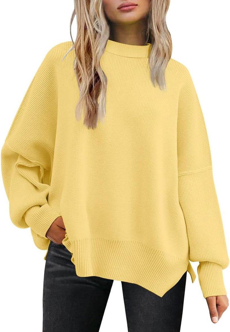 LILLUSORY Women's Oversized Batwing Sweaters 2025 Fall Outfits Trendy Crewneck Knit Side Slit Fashion Pullover Tops-9