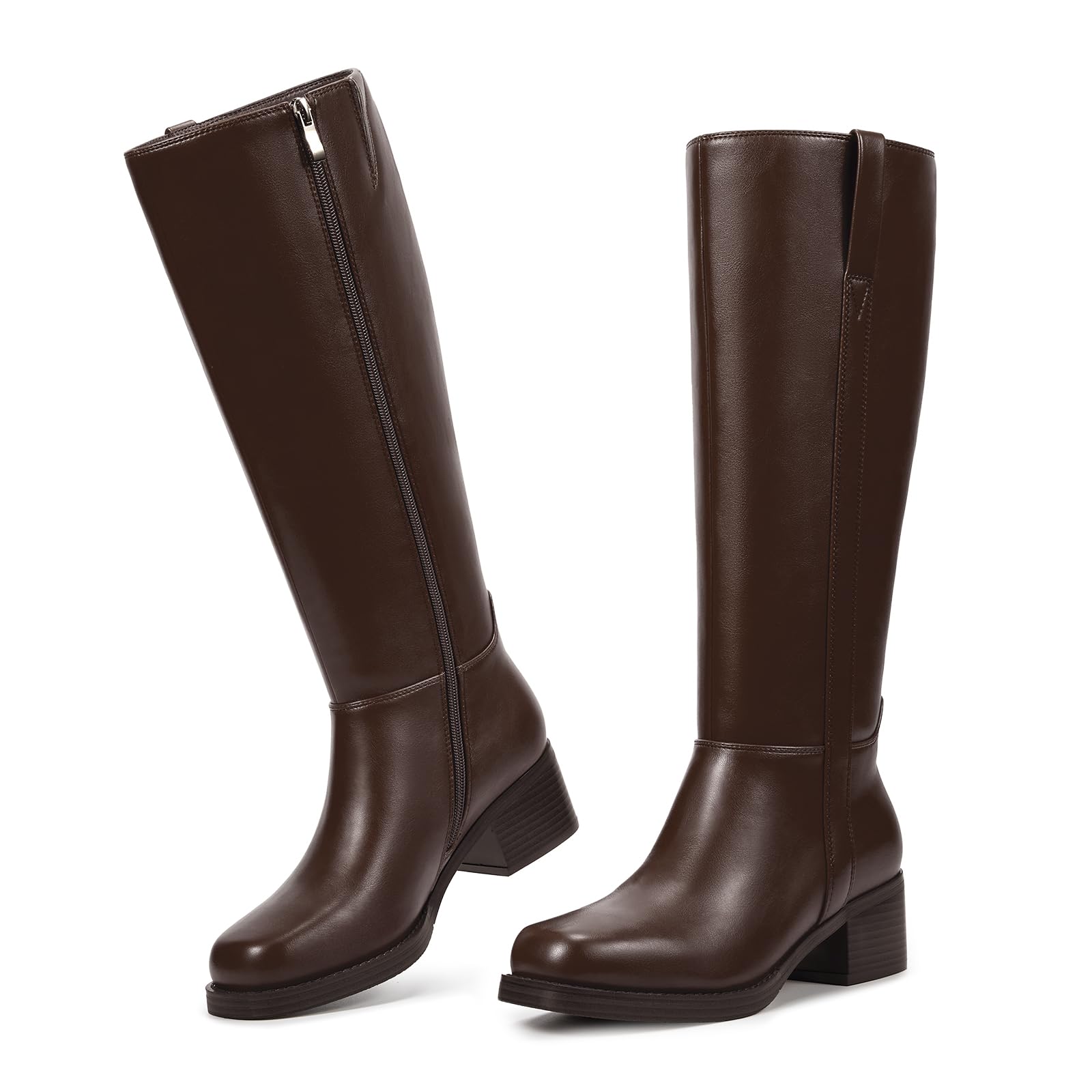 wetkiss Women’s Knee High Boots Chunky Block Heel Tall Boots Knee High Square Toe Long Boot Mid Low Heel Boot with Zipper-65