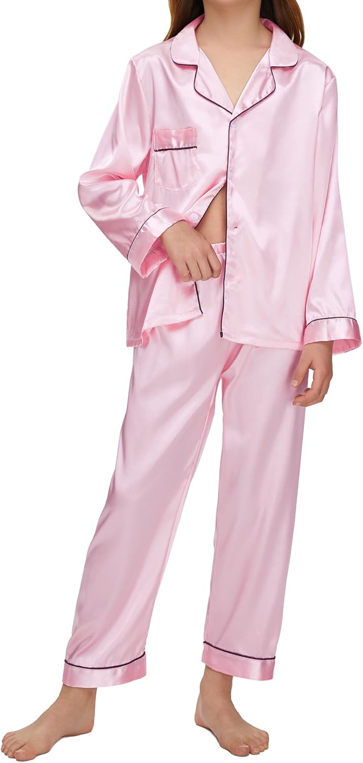 EPLAZA Kids Satin Pajamas Sets Girls Boys Button-Down Silky Pajamas Sleepwear with Hairband Eye Mask Hair Tie