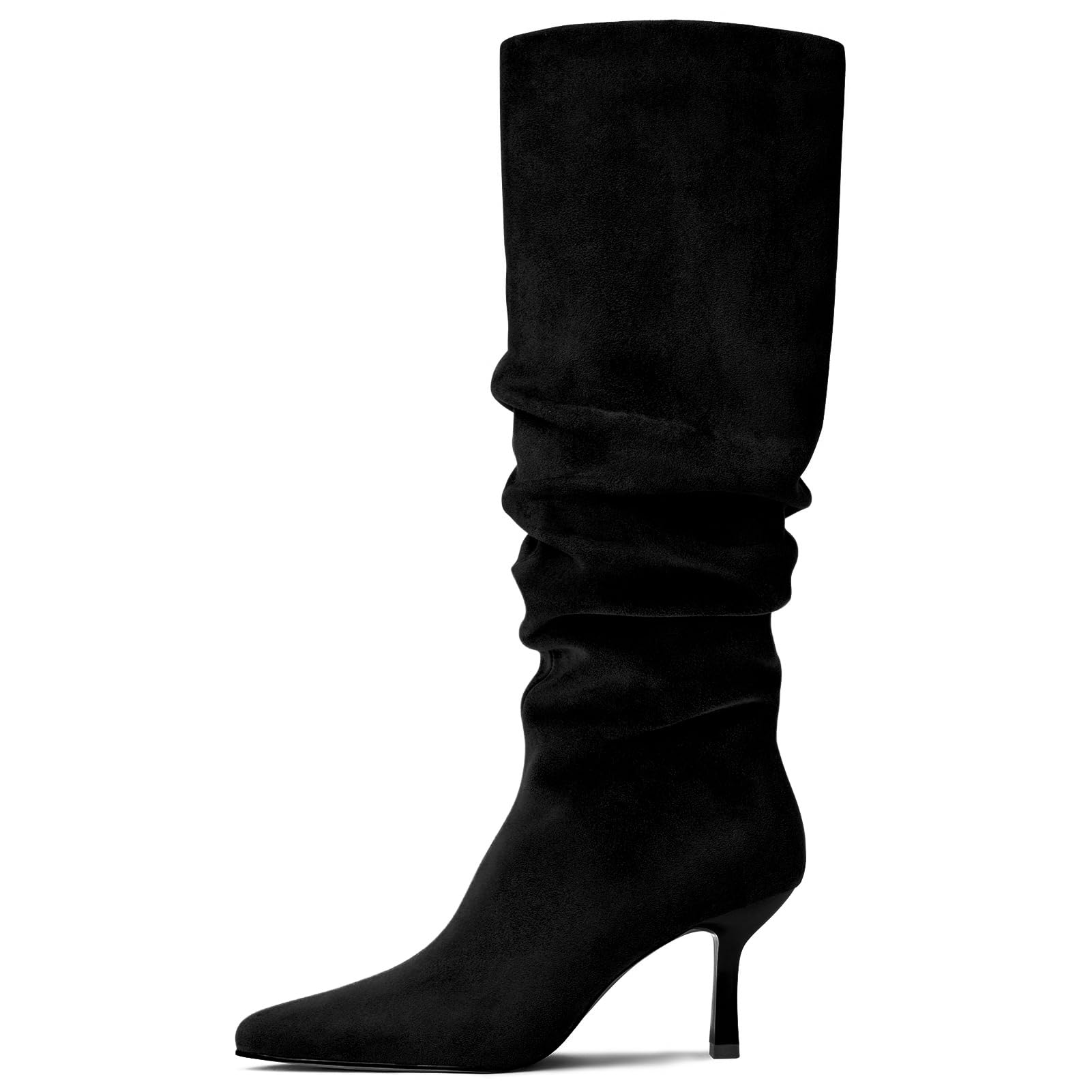 Lumeheel Knee High Boots for Women - Suede Ruched Women's Tall Boots with Pointed Toe Kitten Heel Pull On Zipper, Slouch Fashion for Fall Winter