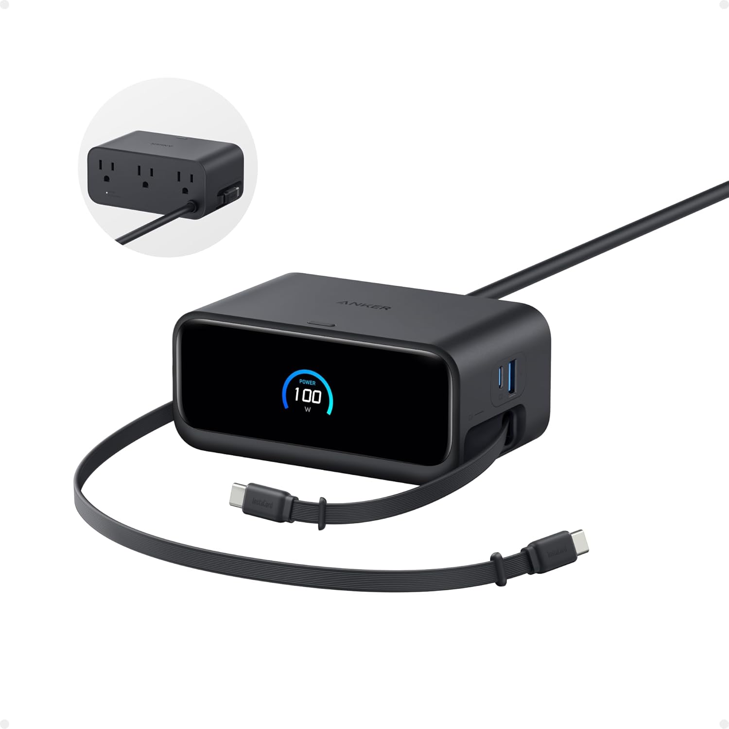 Anker Nano Charging Station, 100W 7-in-1 Power Strip, 2.3ft InstaCord Retractable Cable, Gaming Desk Accessories for Multiple Devices, 3 AC, 3 USB C, 1 USB A, MacBook Charger, Home Office(Non-Battery)