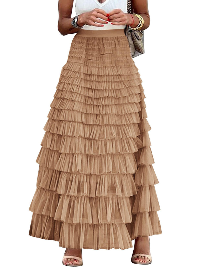 Flygo Women's Long Maxi Tulle Skirts A Line Ruffle High Waisted Tiered Layered Mesh Tutu Skirt Petticoat