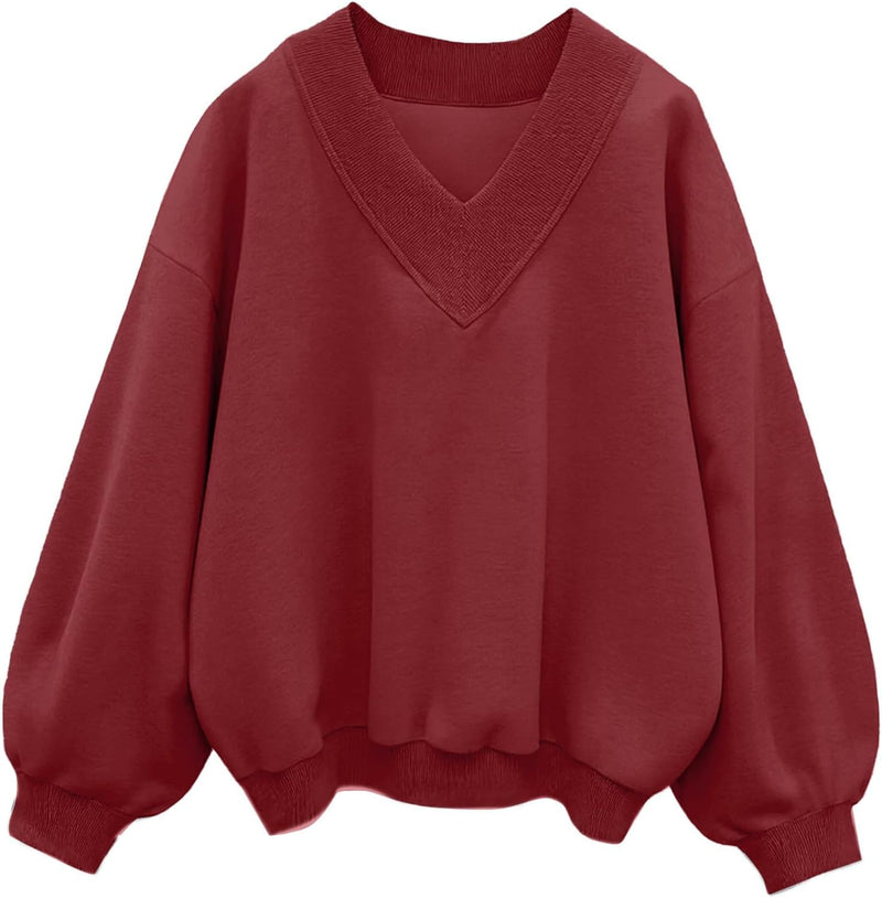 Hilinker Womens V Neck Oversized Sweatshirts Casual Drop Shoulder Long Sleeve Pullover Tops-79