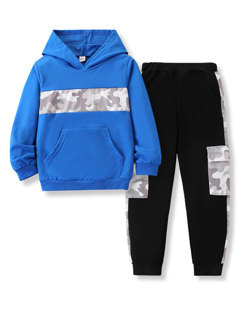 Voxikidio Kids Boys Clothes Color Blocking Hoodie Sweatshirts and Pant 2Pcs Fall Outfits Set Size 5-10