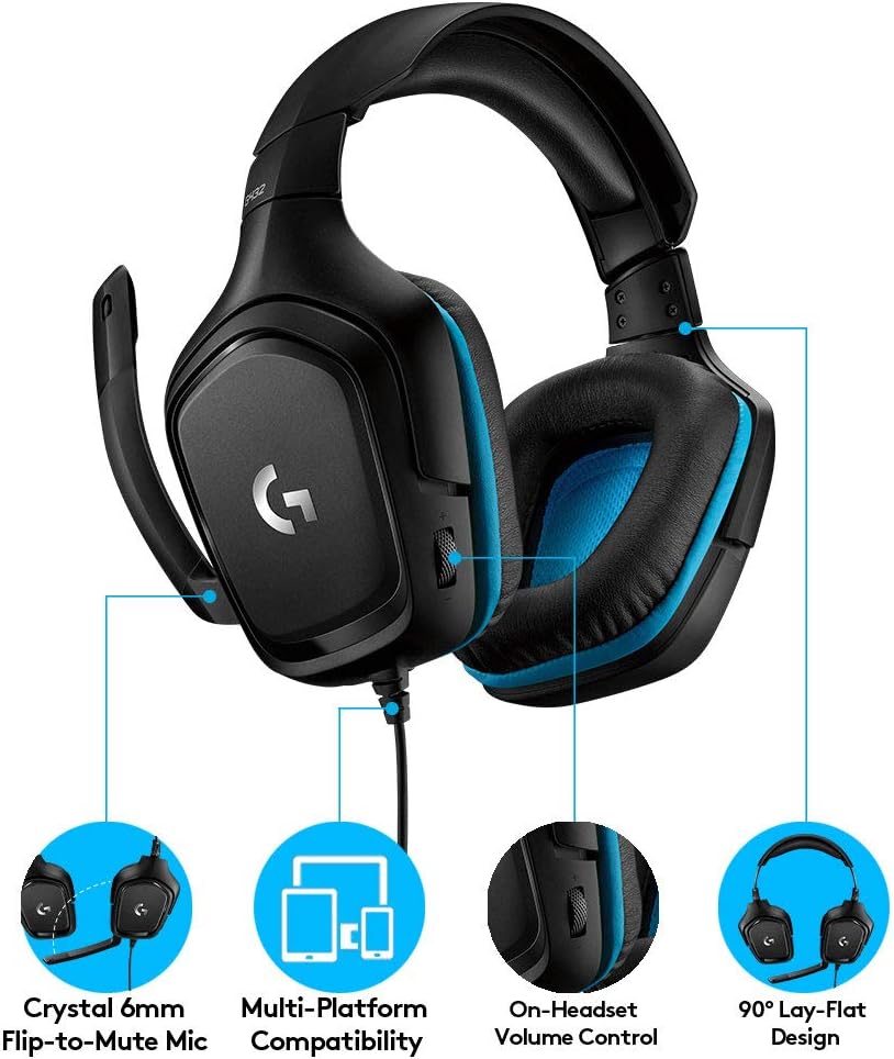 Logitech G432 Wired Gaming Headset, 7.1 Surround Sound, DTS Headphone:X 2.0, Flip-to-Mute Mic, PC (Leatherette) Black/Blue