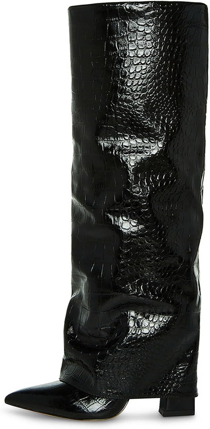 Modatope Knee High Boots Women Fold Over Knee High Boots Chunky High Heels Long Boots Zipper Pointed Toe Dress Tall Boots for Women