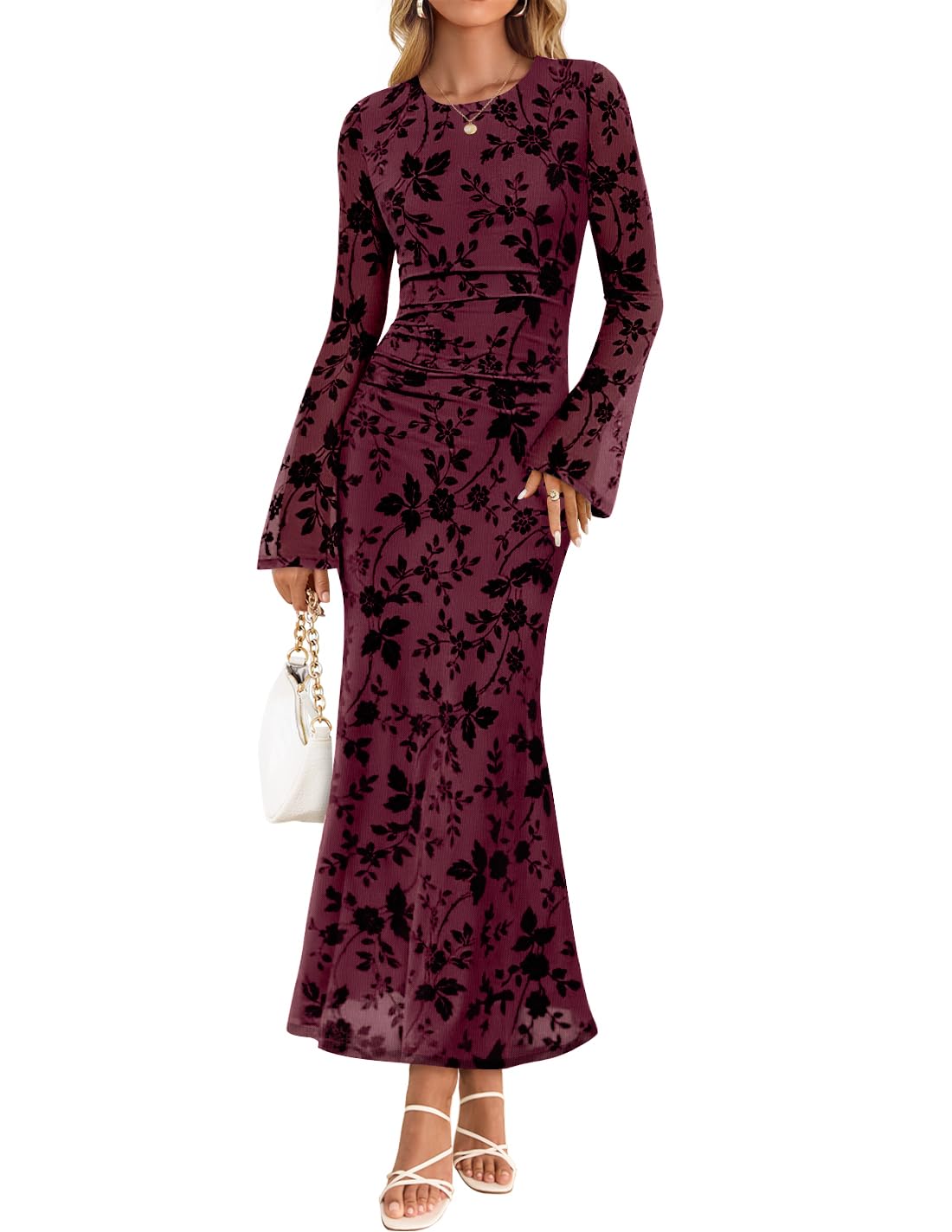 ZESICA Women's Long Sleeve Floral Bodycon Dress 2026 Spring Fall Ruched Mesh Wedding Guest Cocktail Party Maxi Dresses-24
