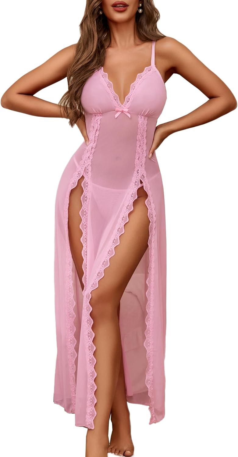 Avidlove Women Lingerie Lace Babydoll Chemise Sexy Mesh Nightdress V Neck Nightwear Side Split Nightgown-63