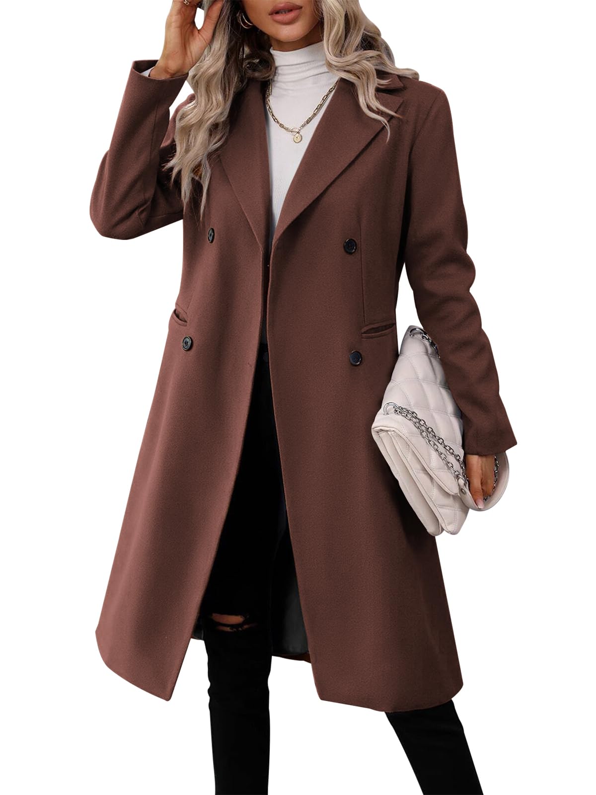 Danedvi Womens Long Double Breasted Coats Lapel Collar Pea Coat Winter Slim Fit Jackets Trench Coat Outwear-28