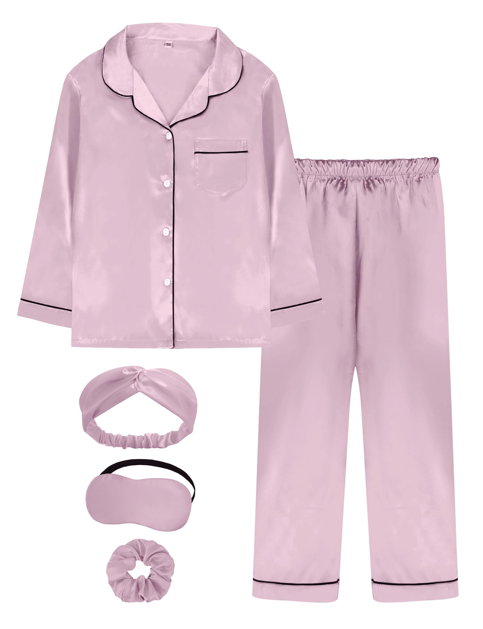 EPLAZA Kids Satin Pajamas Sets Girls Boys Button-Down Silky Pajamas Sleepwear with Hairband Eye Mask Hair Tie-71