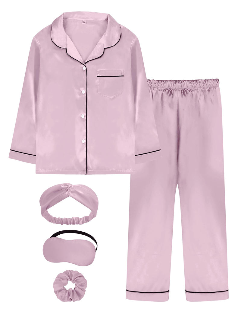 EPLAZA Kids Satin Pajamas Sets Girls Boys Button-Down Silky Pajamas Sleepwear with Hairband Eye Mask Hair Tie-71