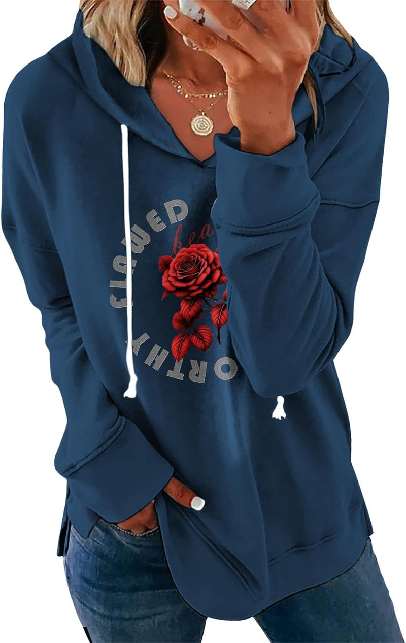 Womens Casual Loose Fit Pullover Sweatshirt with Artistic Print Drawstring Hood Long Sleeve Cotton Blend for Fall-1