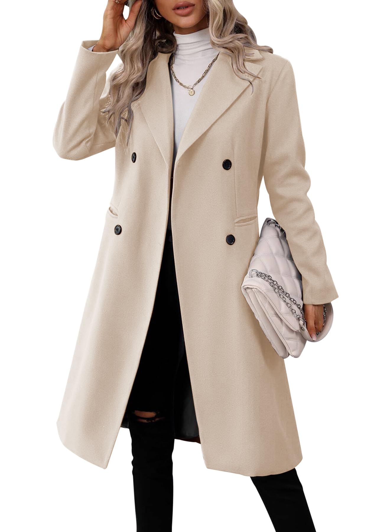 Danedvi Womens Long Double Breasted Coats Lapel Collar Pea Coat Winter Slim Fit Jackets Trench Coat Outwear-2