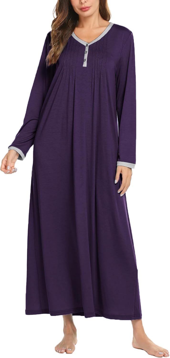 Ekouaer Women's Long Sleeve Nightgown Full Length Sleepwear Long Sleepshirts Henley Sleep Dress S-4XL-31