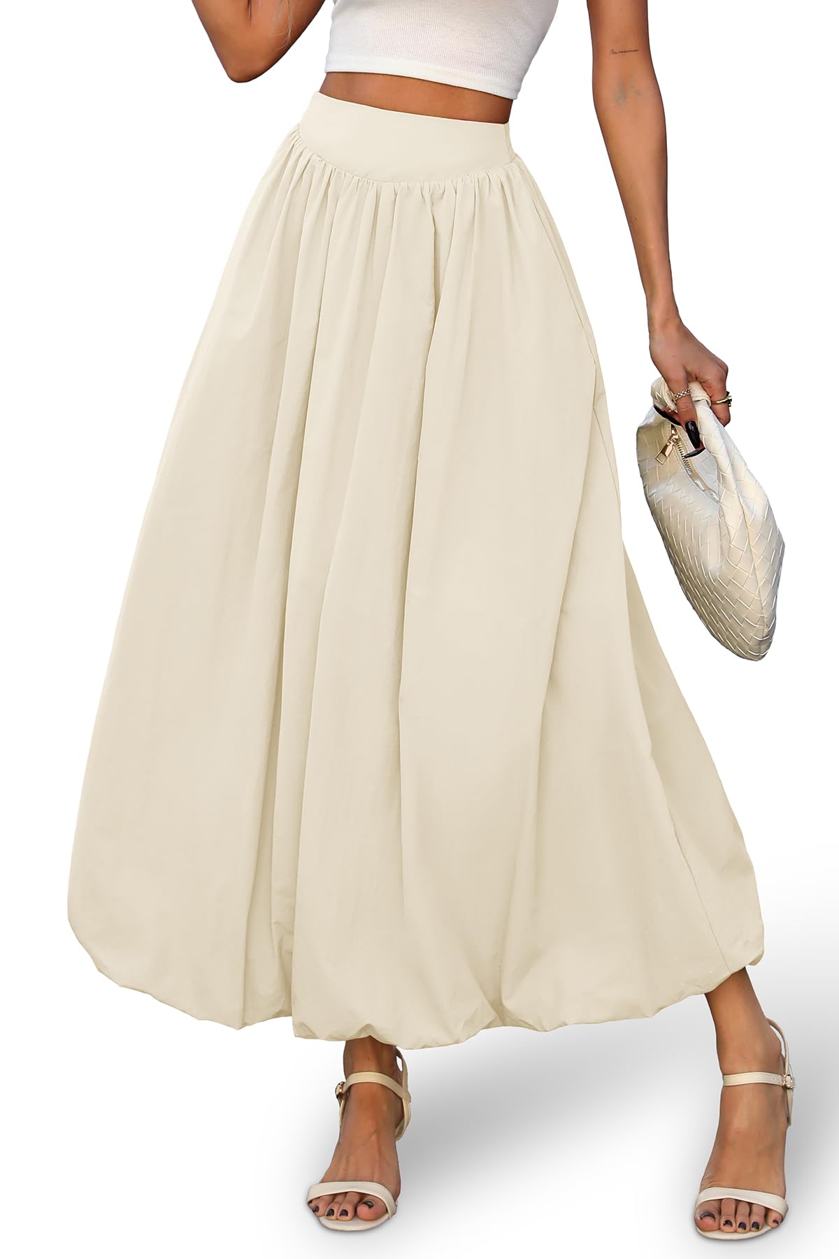 ELLEVEN Women's Bubble Maxi Skirt, Elastic Waist Puffy Hem A-Line Skirt with Pockets