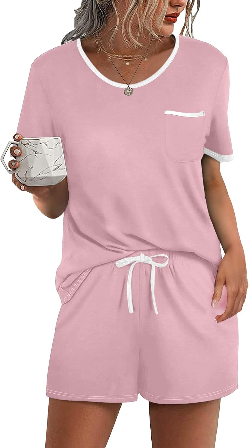 Ekouaer Pajama Set for Women 2 Piece Lounge Set Short Sleeve Tops and Shorts Soft Sleepwear, Chest Pocket-56