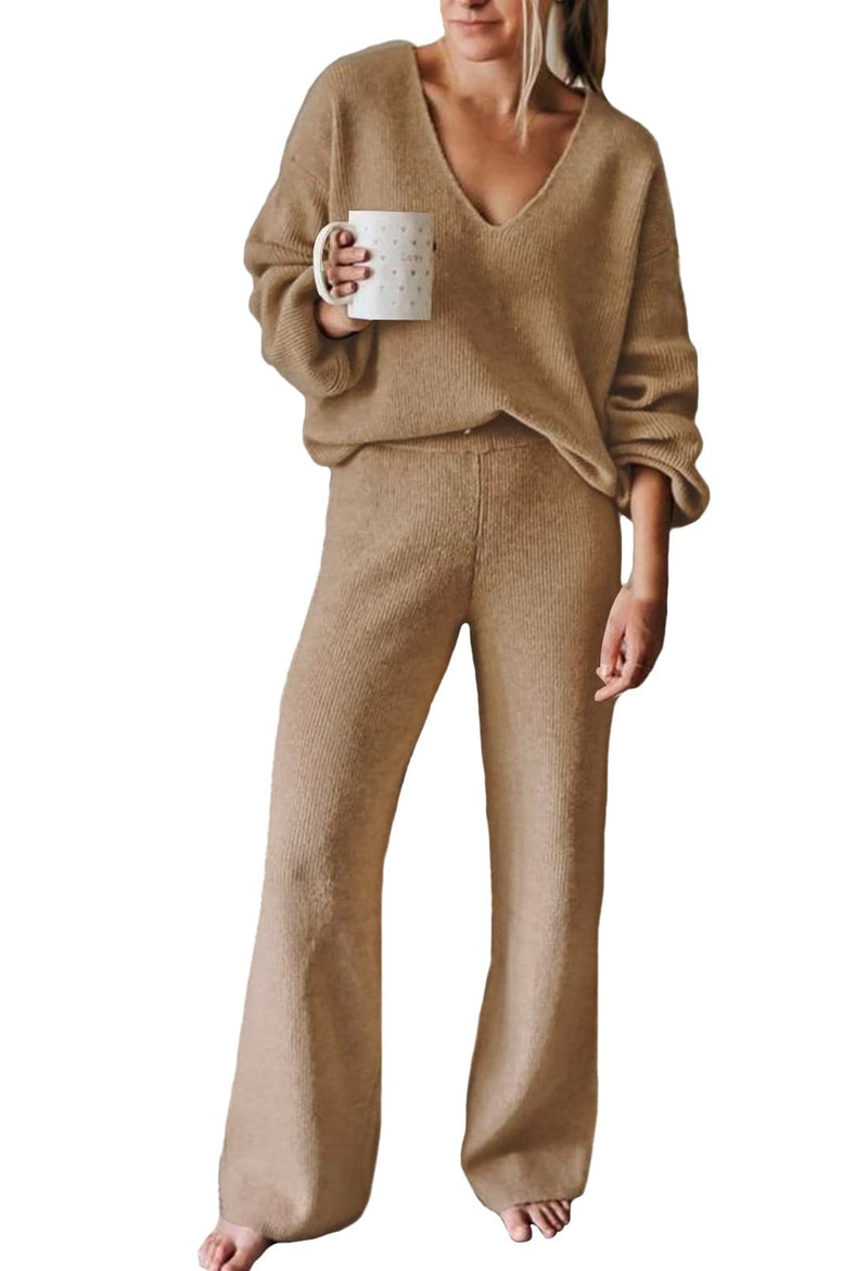 Viottiset Women's 2 Piece Outfits Casual V Neck Knit Wide Leg Sweater Lounge Set Sweatsuit-9