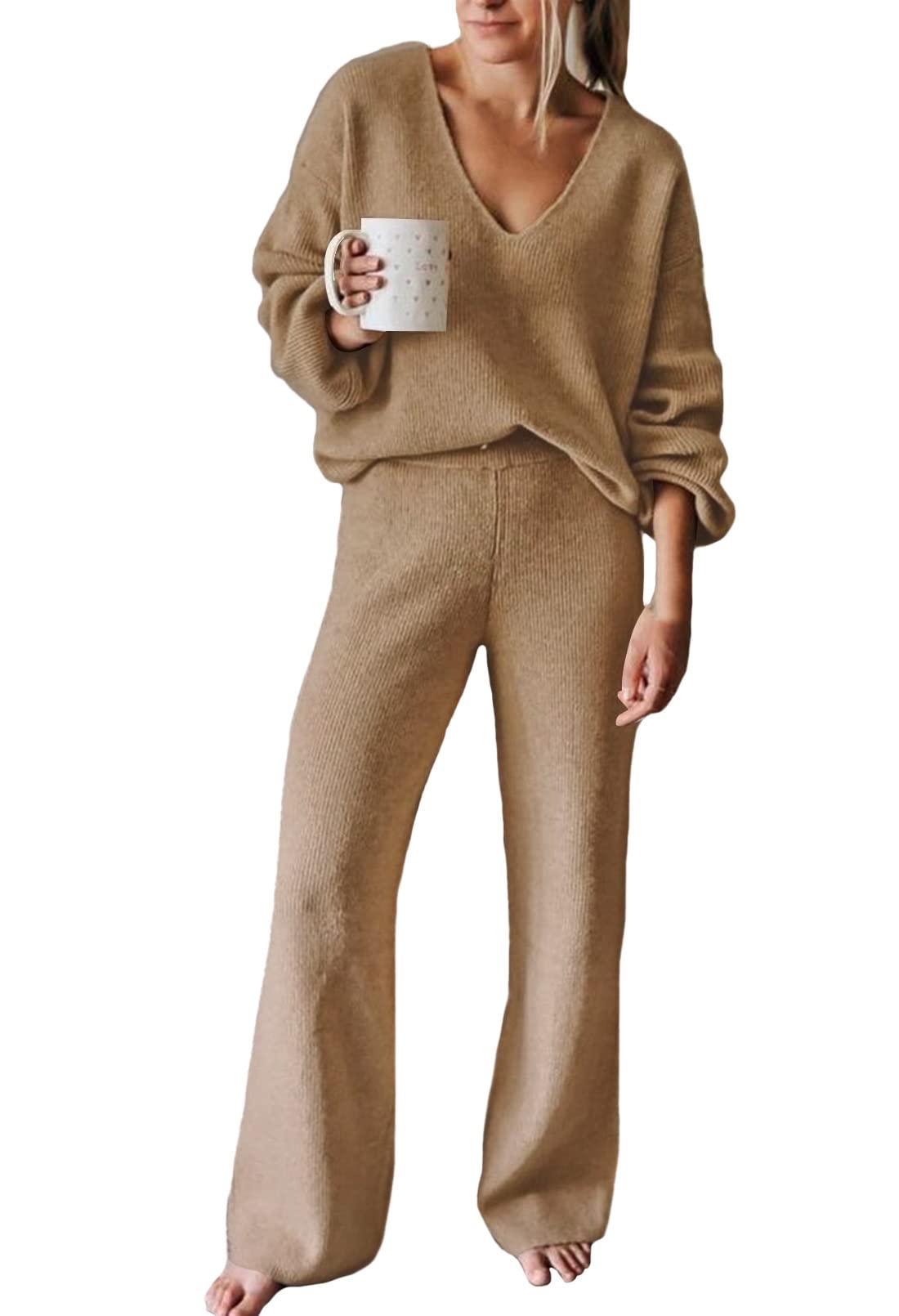 Viottiset Women's 2 Piece Outfits Casual V Neck Knit Wide Leg Sweater Lounge Set Sweatsuit-36