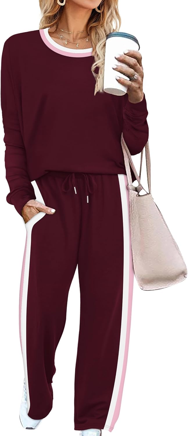 WIHOLL 2 Piece Lounge Sets for Women Long Sleeve Tops Wide Leg Sweatpants Sweatsuits with Pockets-42