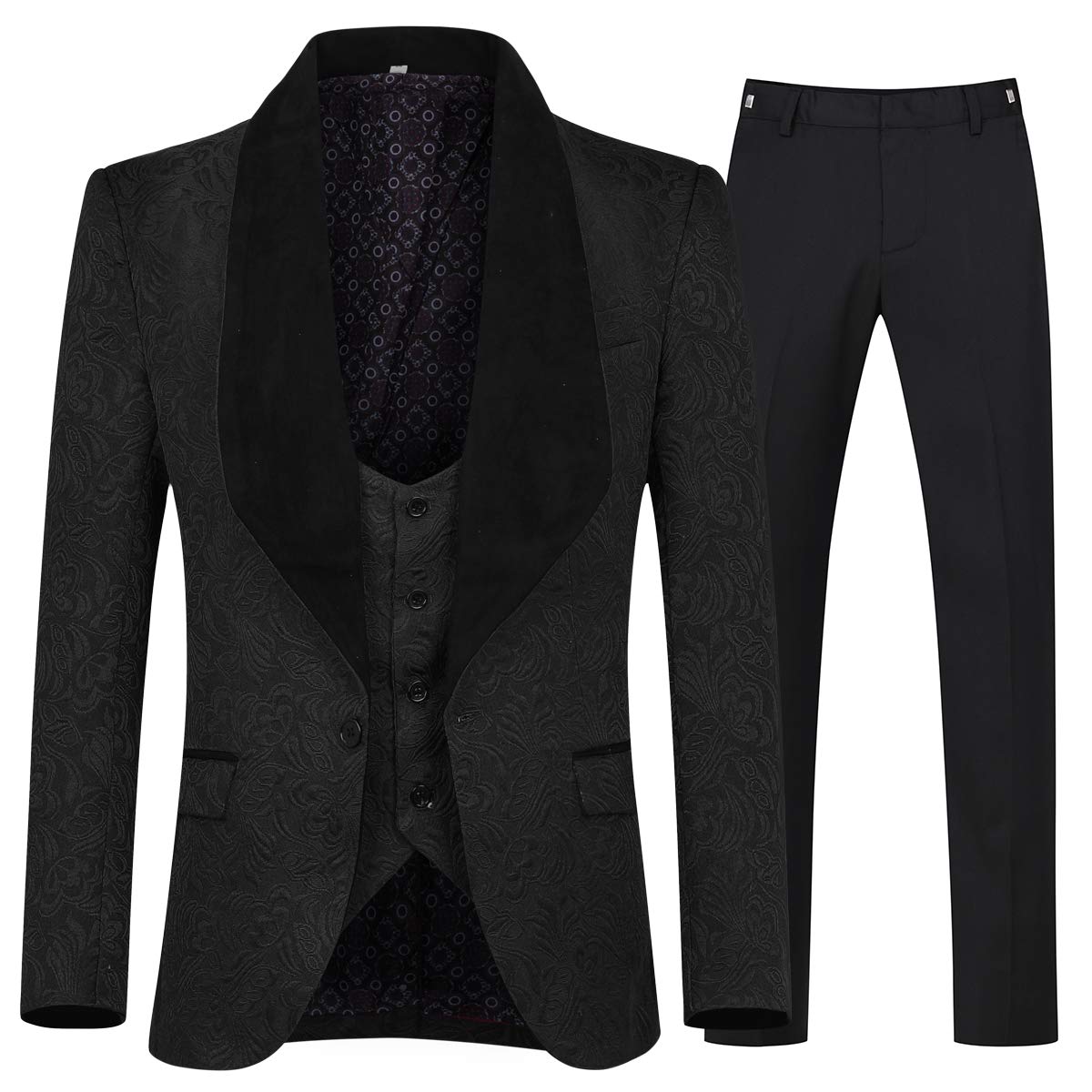 YFFUSHI Men's 3 Piece Suit Slim Fit Jacquard Tuxedo 1 Button Shawl Collar Blazer Vest & Pants for Wedding Formal Prom-31