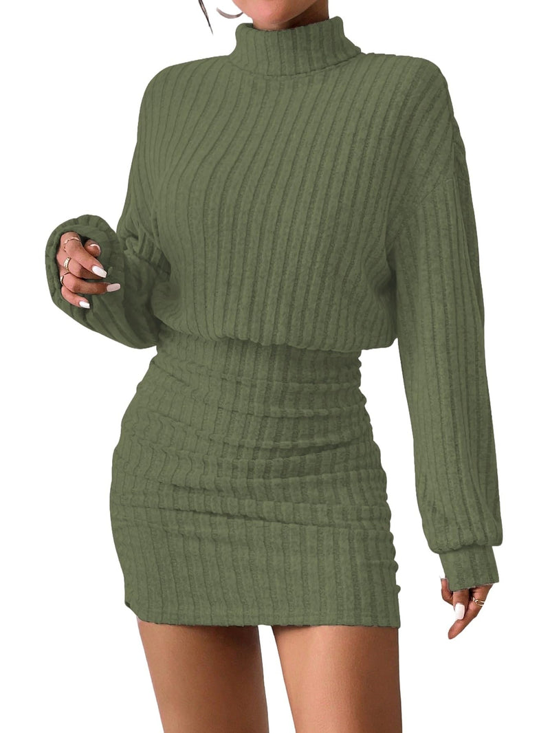 Women's Pullover Sweater Dress Long Lantern Sleeve Turtle Neck Cute Ribbed Knit Bodycon Mini Short Dress 2025 Fall-85