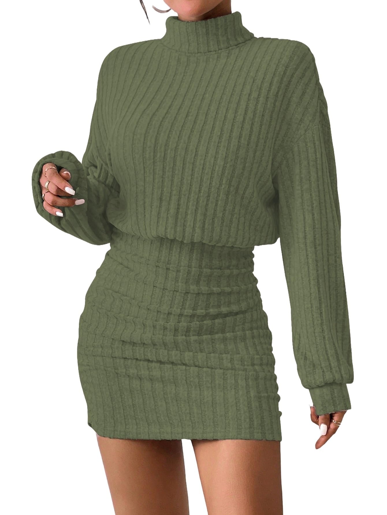 Women's Pullover Sweater Dress Long Lantern Sleeve Turtle Neck Cute Ribbed Knit Bodycon Mini Short Dress 2025 Fall-47