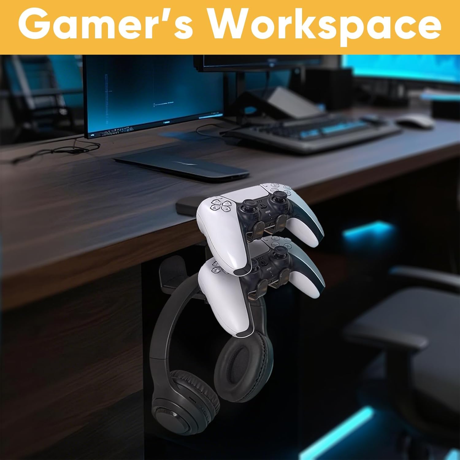 3 in 1 Under Desk Headphone Hanger with Adjustable Clamp Mount, 2 Controller Slots & 1 Headset Universal Holder Stand, Rotatable Hook Rack & Cable Organizer, for Home Gaming Xbox ps5 - Black