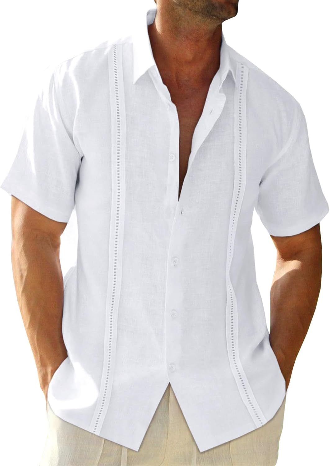 Runcati Mens Linen Cuban Guayabera Shirts Button Down Short Sleeve Shirt Cotton Hippie Summer Beach Vacation Shirts