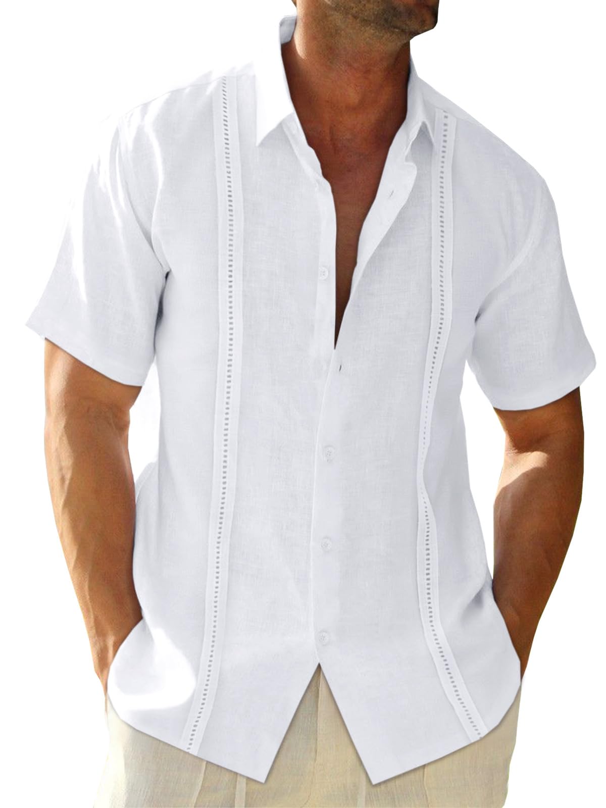 Runcati Mens Linen Cuban Guayabera Shirts Button Down Short Sleeve Shirt Cotton Hippie Summer Beach Vacation Shirts