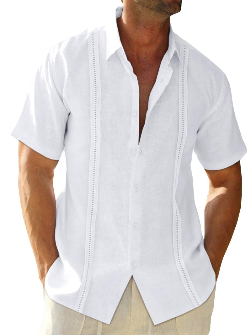 Runcati Mens Linen Cuban Guayabera Shirts Button Down Short Sleeve Shirt Cotton Hippie Summer Beach Vacation Shirts
